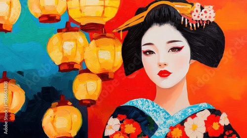 A vibrant painting of a geisha surrounded by glowing lanterns, showcasing traditional Japanese culture with vivid colors and intricate details.