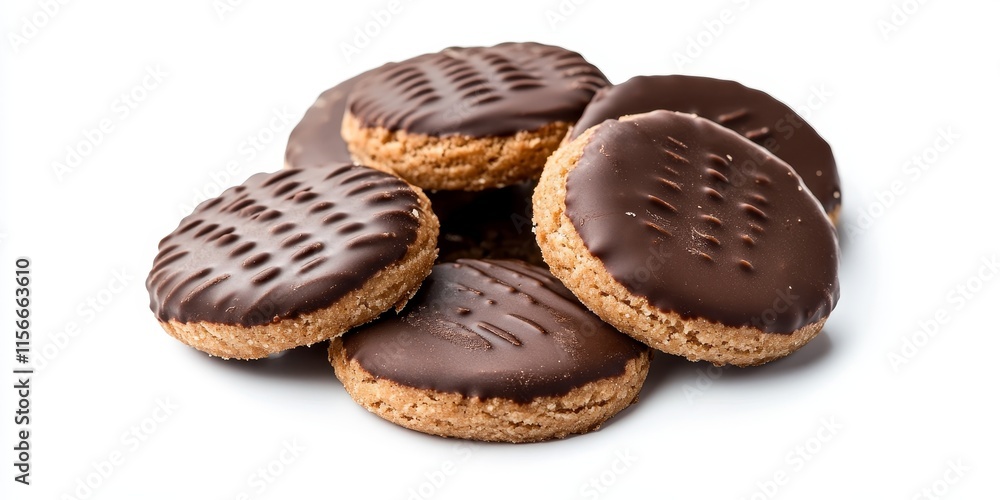 Chocolate dipped biscuits isolated against a white backdrop, showcasing the delicious contrast of textures in these chocolate biscuits, ideal for dessert lovers and snack enthusiasts. Chocolate dipped biscuits isolated against a white backdrop, showcasing the delicious contrast of textures in these chocolate biscuits, ideal for dessert lovers and snack enthusiasts.