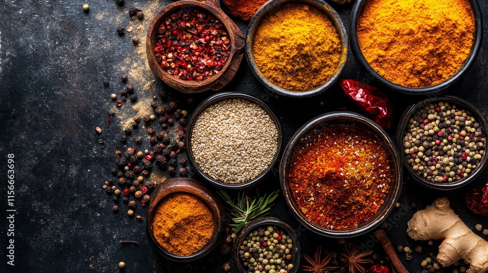 Top view of cooking ingredients, showcasing a variety of spices ideal for seasoning dishes, especially Asian cuisines, highlighting the essential spices for delicious flavor. Top view of cooking ingredients, showcasing a variety of spices ideal for seasoning dishes, especially Asian cuisines, highlighting the essential spices for delicious flavor.