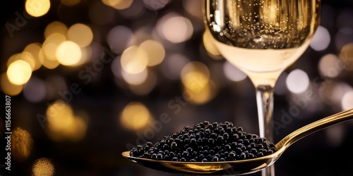 Black caviar elegantly displayed on a spoon alongside a glass of champagne, creating a luxurious pairing of black caviar and champagne for a refined dining experience.