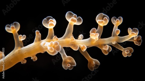 Macro shot of branching torch coral Euphyllia glabrescens showcasing vibrant colors and unique structures against a black background photo