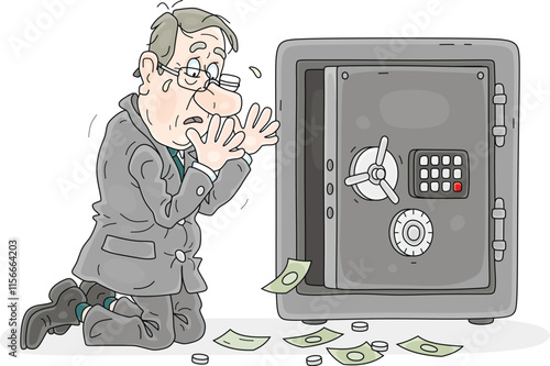 Sad businessman and his open empty safe with a small amount of his savings left over for a rainy day, vector cartoon illustration isolated on a white background