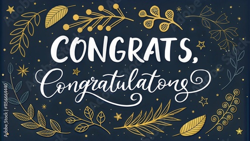 Congrats, Congratulations banner with golen decorations. Handwritten modern brush lettering dark background. Vector Illustration for greeting cards, banners and prints. photo