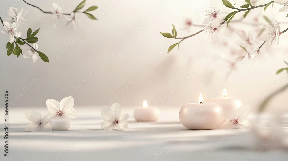 A calming Makha Bucha Day poster with simple floral arrangements and soft candlelight on a minimal background. A calming Makha Bucha Day poster with simple floral arrangements and soft candlelight on a minimal background.