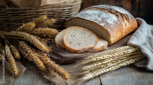 Fresh slices of village bread paired with golden spikelets create a rustic scene, showcasing the beauty of village bread and the charm of wholesome, natural ingredients in culinary delight. photo