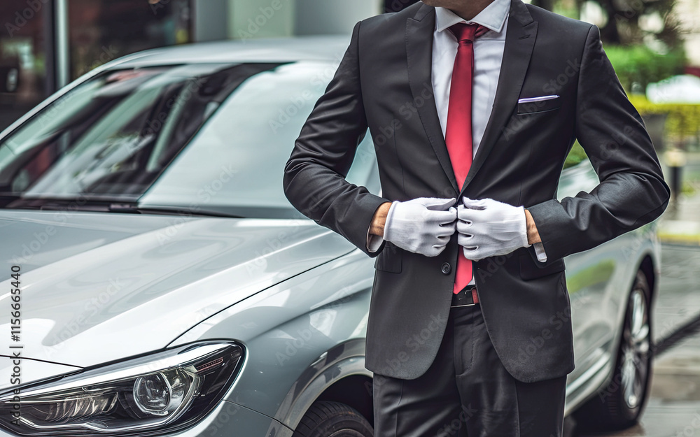 Man in Formal Black Suit, White Shirt, and Red Tie Standing Next to Silver Car, Wearing White Gloves, Opening Car Door with Beige Interior, Outdoors Setting, Street or Parking Lot Man in Formal Black Suit, White Shirt, and Red Tie Standing Next to Silver Car, Wearing White Gloves, Opening Car Door with Beige Interior, Outdoors Setting, Street or Parking Lot