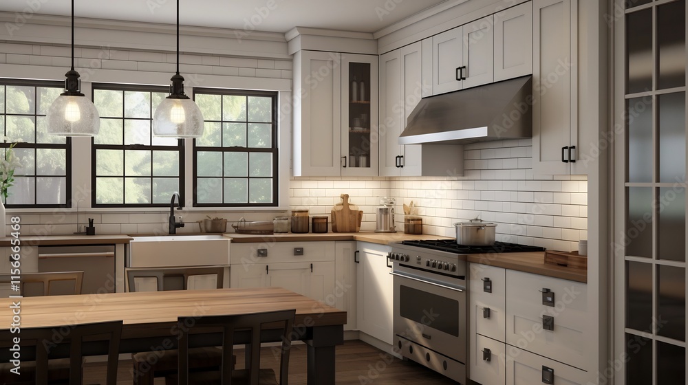 Inviting farmhouse style kitchen with a large sink subway tile backsplash and sleek modern lighting fixtures creating a warm and welcoming cooking and dining space Inviting farmhouse style kitchen with a large sink subway tile backsplash and sleek modern lighting fixtures creating a warm and welcoming cooking and dining space