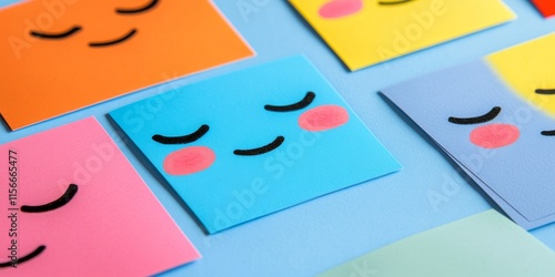 Multicolored stickers featuring a Friday inscription and a blue sheet with a face expressing deep sleep emotions create a vibrant and relatable visual. Perfect for representing feelings of relaxation. photo