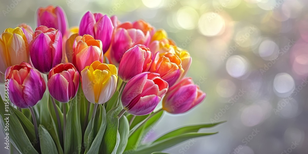Obraz premium Spring flowers in a vibrant tulip bouquet create a stunning visual against a soft bokeh background, capturing the essence of spring flowers and the beauty they bring to any setting.