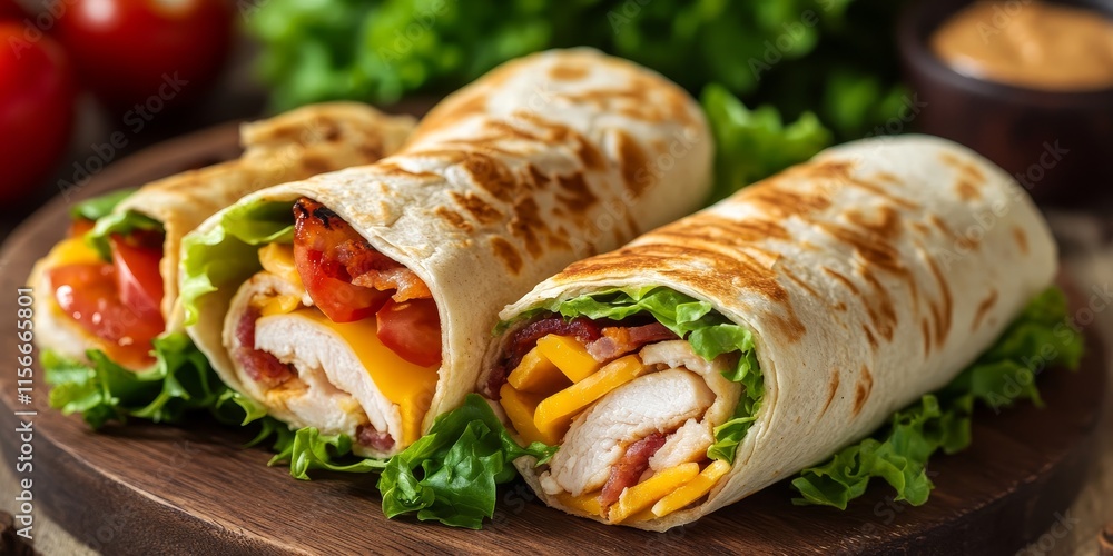 Delicious chicken bacon wraps featuring tomatoes, lettuce, and cheese, showcasing tortilla and burrito style sandwiches twisted into enticing rolls. A perfect horizontal presentation for wraps lovers. Delicious chicken bacon wraps featuring tomatoes, lettuce, and cheese, showcasing tortilla and burrito style sandwiches twisted into enticing rolls. A perfect horizontal presentation for wraps lovers.