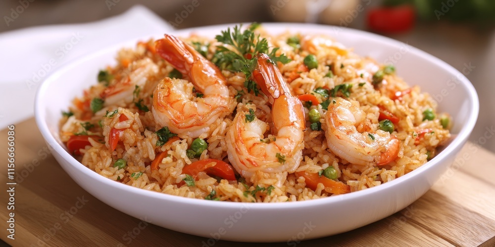 Delicious fried rice with prawns served in a white dish on a wooden surface, showcasing the appetizing combination of flavors in this delightful fried rice prawns dish. Delicious fried rice with prawns served in a white dish on a wooden surface, showcasing the appetizing combination of flavors in this delightful fried rice prawns dish.