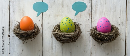 Vibrant decorated eggs in nests on a wooden backdrop with speech balloons for Easter or festive celebrations photo