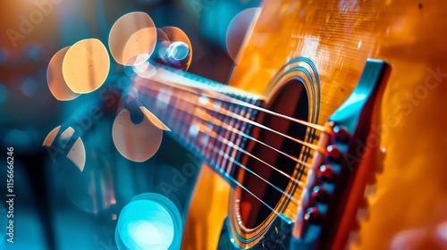 Close up shot of an acoustic guitar with bokeh lights in the background.