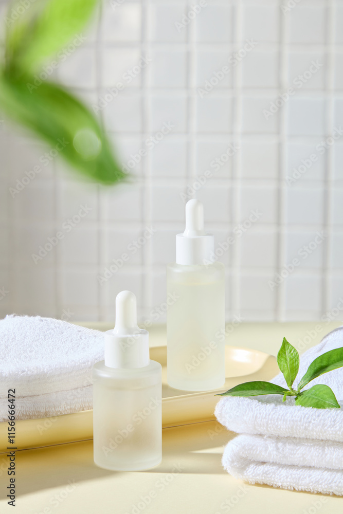 In a minimalist bathroom background, a close-up of two dropper bottles, unlabeled, is displayed on a yellow surface, surrounded by some towels, green tea leaves, and a wooden tray. Template photo ads. In a minimalist bathroom background, a close-up of two dropper bottles, unlabeled, is displayed on a yellow surface, surrounded by some towels, green tea leaves, and a wooden tray. Template photo ads.