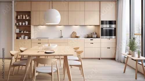 Scandinavian Inspired Kitchen Design Featuring Light Wood Tones Simple Decor and an Efficient Functional Layout for Cooking and Dining photo