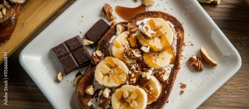 Delicious toast topped with sliced bananas, nuts, chocolate, and drizzled caramel syrup for a sweet breakfast treat. photo