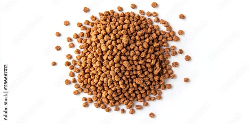 Dry pet food, isolated on a clean white background, presents a pile of granulated animal feeds. This dry pet food offers essential nutrition through its nutritious granules for dogs and cats. Top Dry pet food, isolated on a clean white background, presents a pile of granulated animal feeds. This dry pet food offers essential nutrition through its nutritious granules for dogs and cats. Top