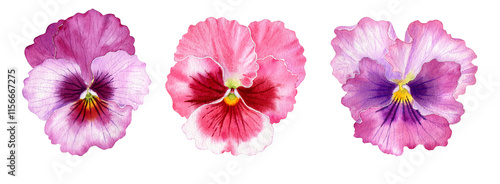 Watercolor set of realistic botanical illustration of pansy flower. Spring red, blue, violet and purple viola