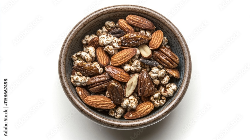Ancient stoneware bowl filled with glazed gourmet popcorn almonds and pecans on a clean white background showcasing culinary delights. Ancient stoneware bowl filled with glazed gourmet popcorn almonds and pecans on a clean white background showcasing culinary delights.