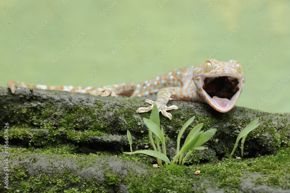Obraz premium A tokay gecko is basking on moss-covered ground. This reptile has the scientific name Gekko gecko.