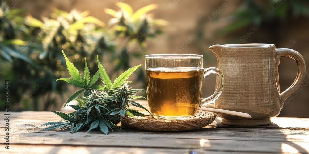 A warm cannabis tea beverage served in a glass cup rests on a wooden table next to a ceramic mug, showcasing the inviting nature of cannabis tea for a cozy experience. A warm cannabis tea beverage served in a glass cup rests on a wooden table next to a ceramic mug, showcasing the inviting nature of cannabis tea for a cozy experience.