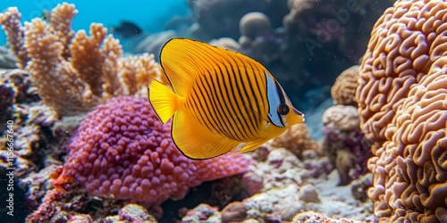 Colorful butterfly fish swimming gracefully over vibrant coral reefs, showcasing the beautiful and diverse marine life found within the stunning underwater ecosystems formed by coral reefs. photo