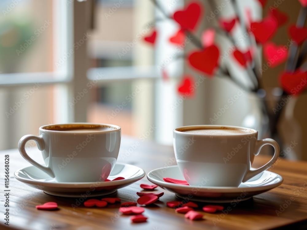 Romantic Coffee Date Two Cups Hearts Window View Romantic Coffee Date Two Cups Hearts Window View