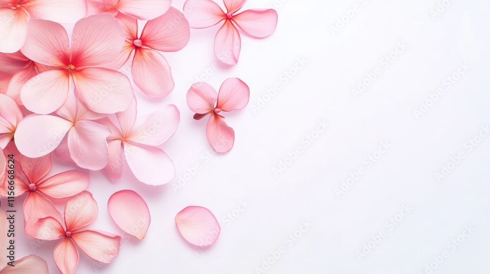 Delicate pink frangipani flowers arranged elegantly on a soft white background showcasing natural beauty and tranquility. Delicate pink frangipani flowers arranged elegantly on a soft white background showcasing natural beauty and tranquility.