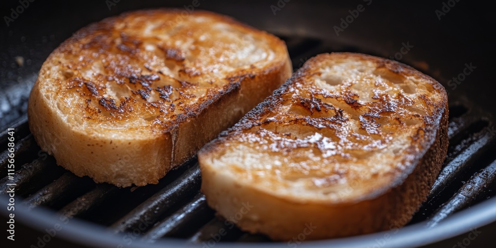 A close up view of two pieces of toasted bread in a grill pan, showcasing the crispy texture and delicious golden color of the toasted bread, perfect for any culinary setting. A close up view of two pieces of toasted bread in a grill pan, showcasing the crispy texture and delicious golden color of the toasted bread, perfect for any culinary setting.