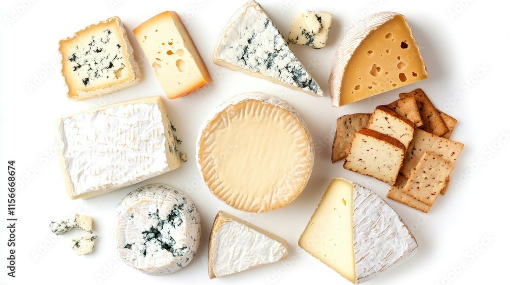 Assorted gourmet cheese platter with a variety of textures and flavors arranged stylishly on a white background. Assorted gourmet cheese platter with a variety of textures and flavors arranged stylishly on a white background.