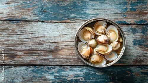 Canned cockles displayed on rustic wooden table creating a nostalgic culinary ambiance and highlighting gourmet seafood preservation photo