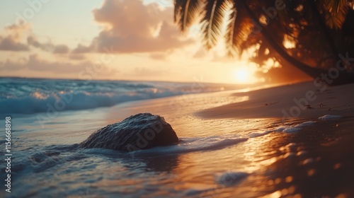 Tropical beach at sunset with incoming tide highlighting a rock on the sand surrounded by gentle waves and palm trees in the background