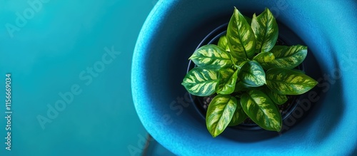 Contemporary indoor decor featuring a lush Raphidophora plant in a sleek black pot atop a vibrant blue chair accentuating modern design aesthetics photo