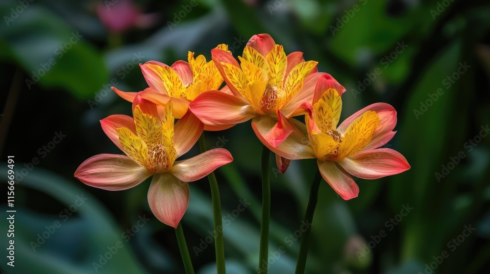 Vibrant Tropical Lotus Flowers Blooming in Lush Green Setting with Delicate Petals and Rich Colors Vibrant Tropical Lotus Flowers Blooming in Lush Green Setting with Delicate Petals and Rich Colors