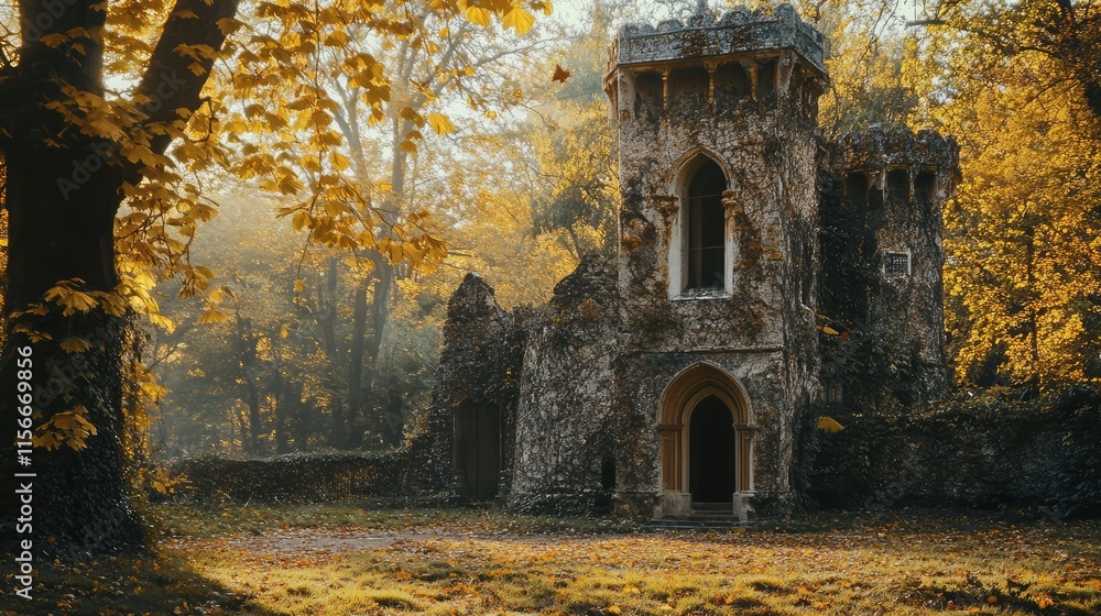 Obraz premium Ancient palace tower surrounded by vibrant autumn trees in a serene forest setting evoking nostalgia and timeless beauty