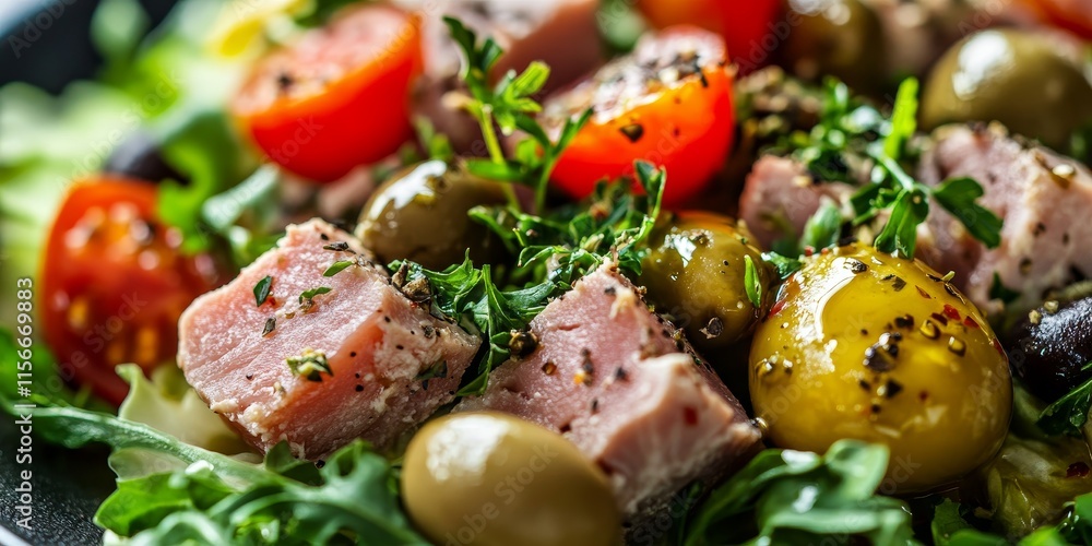 Close up of a gourmet iceberg salad featuring tuna, olives, hummus, tomatoes, fresh herbs, and a drizzle of olive oil for added flavor and richness. Close up of a gourmet iceberg salad featuring tuna, olives, hummus, tomatoes, fresh herbs, and a drizzle of olive oil for added flavor and richness.