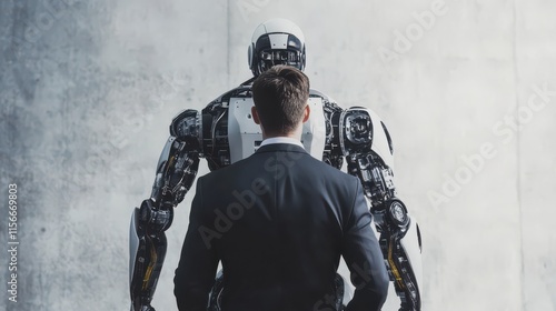 Businessman standing back to back with robot 