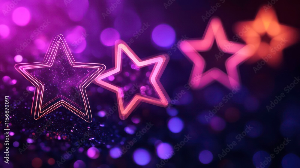 Three glowing neon stars on a sparkling purple and orange background. Three glowing neon stars on a sparkling purple and orange background.