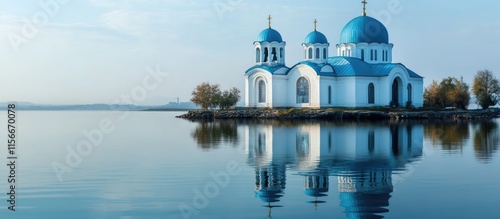 Serene island scene with two churches featuring blue domes and reflections in calm water under a clear sky at sunrise or sunset. photo