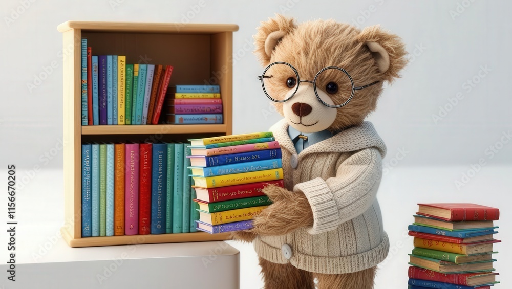 Teddy bear organizing books on a shelf cozy room educational toy photography whimsical atmosphere Teddy bear organizing books on a shelf cozy room educational toy photography whimsical atmosphere