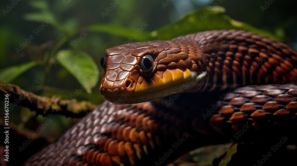Powerful King Cobra with Fully Extended Hood Coiled and Ready to Strike in Verdant Tropical Forest Setting Powerful King Cobra with Fully Extended Hood Coiled and Ready to Strike in Verdant Tropical Forest Setting