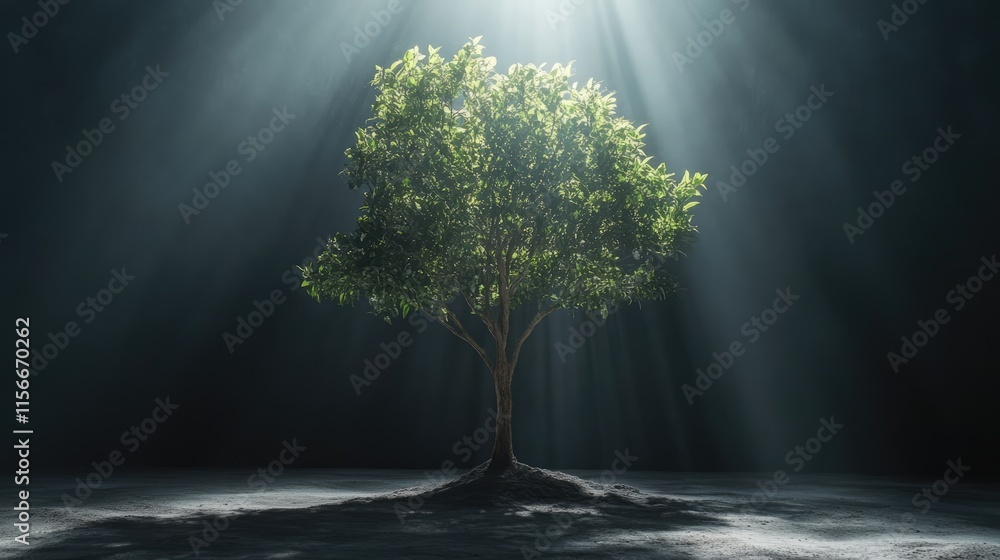 Lone tree illuminated by dramatic studio backlighting creating a serene and mystical atmosphere in a dark setting Lone tree illuminated by dramatic studio backlighting creating a serene and mystical atmosphere in a dark setting