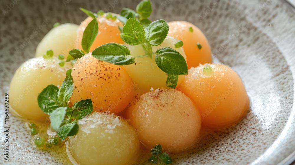 Refreshing triple melon salad with mint garnish served on a textured plate showcasing vibrant colors and healthy ingredients. Refreshing triple melon salad with mint garnish served on a textured plate showcasing vibrant colors and healthy ingredients.