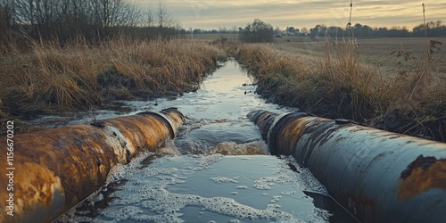 The appearance of contaminated water flowing through corroded metal pipes reflects modern farming practices in Europe and their impact on the environment.