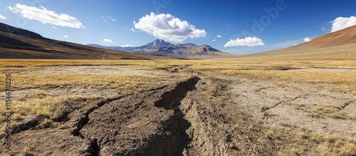 Barren landscape showcasing earth degradation and landslides in the dry valleys of a volcanic range under a clear blue sky photo