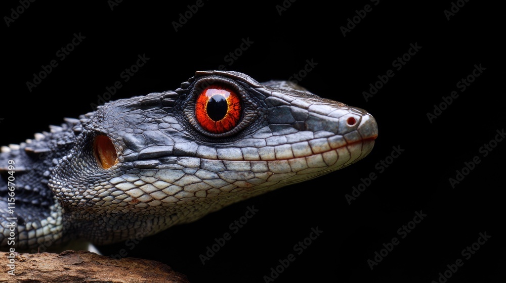 Fototapeta premium Red-eyed crocodile skink Tribolonotus gracilis close-up on a dark background showcasing its unique features and vibrant coloration.
