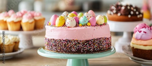 Easter themed celebration cakes with colorful decorations and festive toppings on display in a bright kitchen setting photo