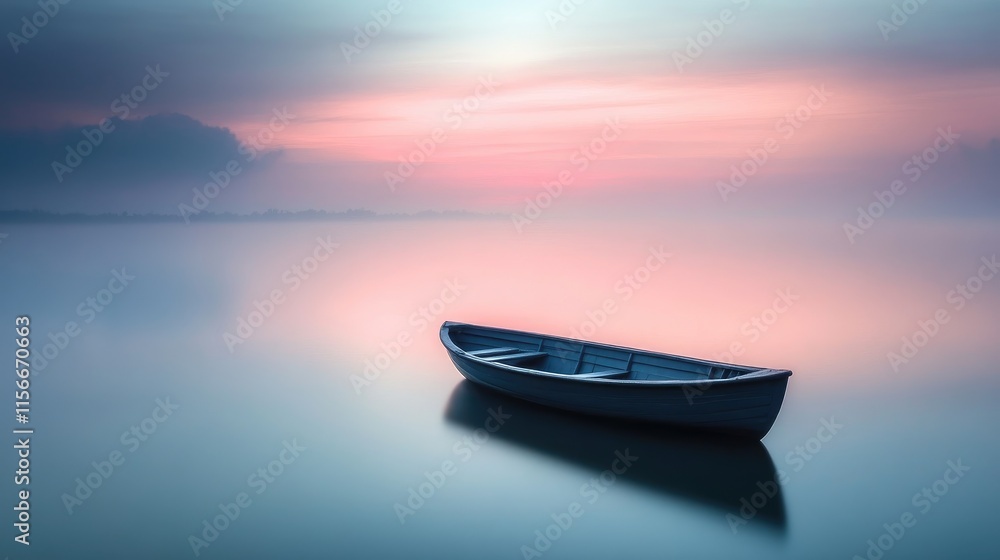 A lone boat floating peacefully on the calm sea, surrounded by a vast horizon and soft morning light, evoking tranquility. A lone boat floating peacefully on the calm sea, surrounded by a vast horizon and soft morning light, evoking tranquility.
