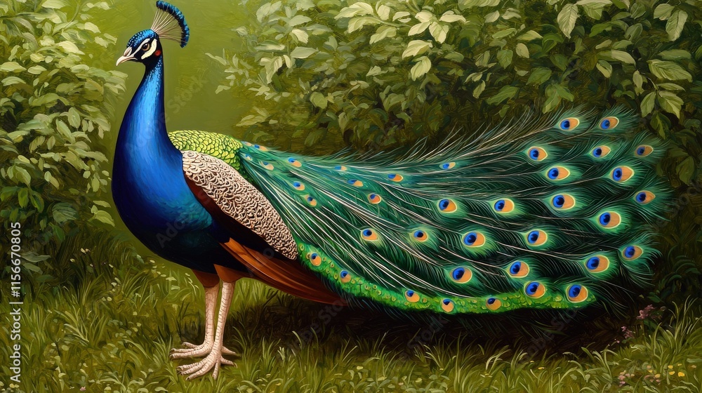 Obraz premium A vibrant peacock stands gracefully amidst lush greenery, showcasing its striking plumage and colorful tail feathers.