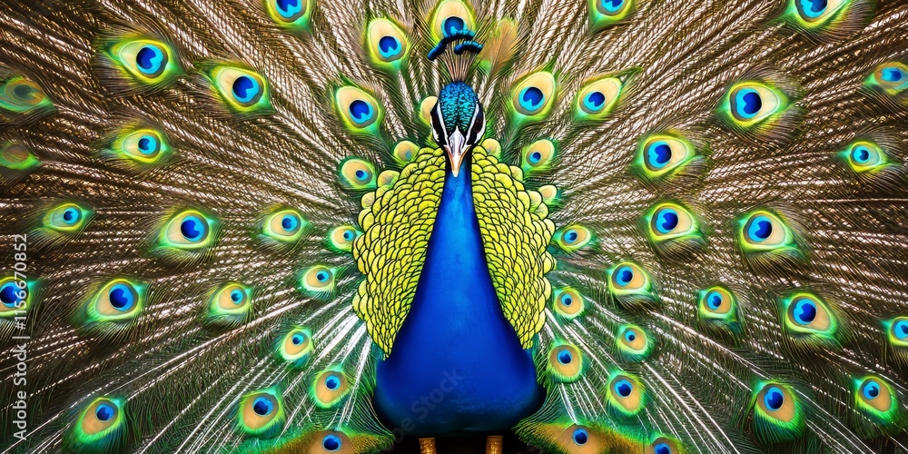 Obraz premium Beautiful peacock bird showcasing its stunning feathers, creating a vibrant background. The peacock bird stands out as an exquisite example of nature s beauty in the animal kingdom.